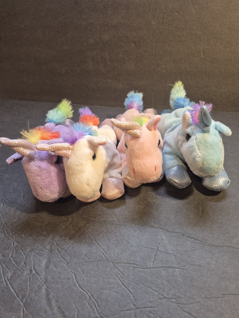 Lot Of 4 Hearth Song Unicorn Rainbow Tail Plush White Blue Lavender Pink Each 7"
